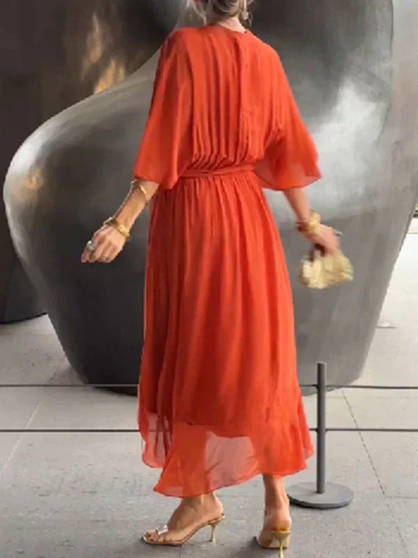 Vestido cruzado midi con cinturón y escote en pico – NAELLA