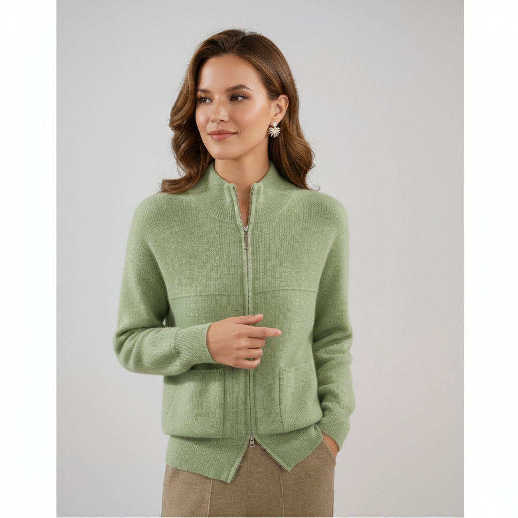 MERIVA – Chaqueta de punto para mujer en lana merino con cremallera y bolsillos