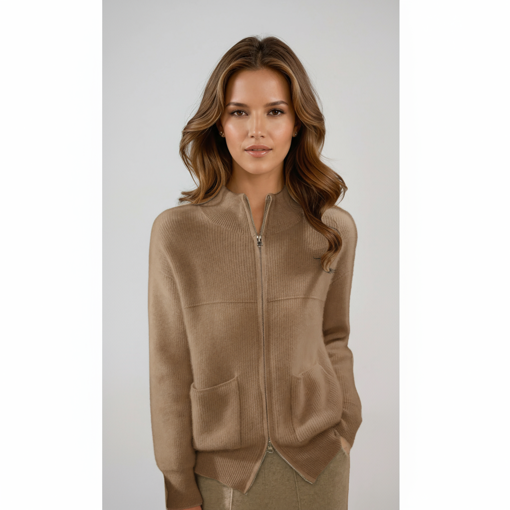 MERIVA – Chaqueta de punto para mujer en lana merino con cremallera y bolsillos