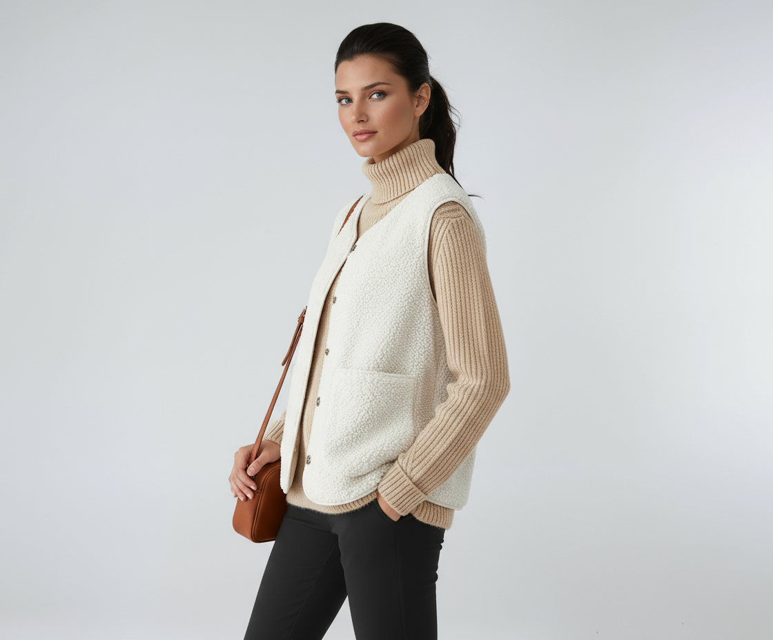 MIRELDA – Chaleco de mujer en mezcla de lana con botones y bolsillos