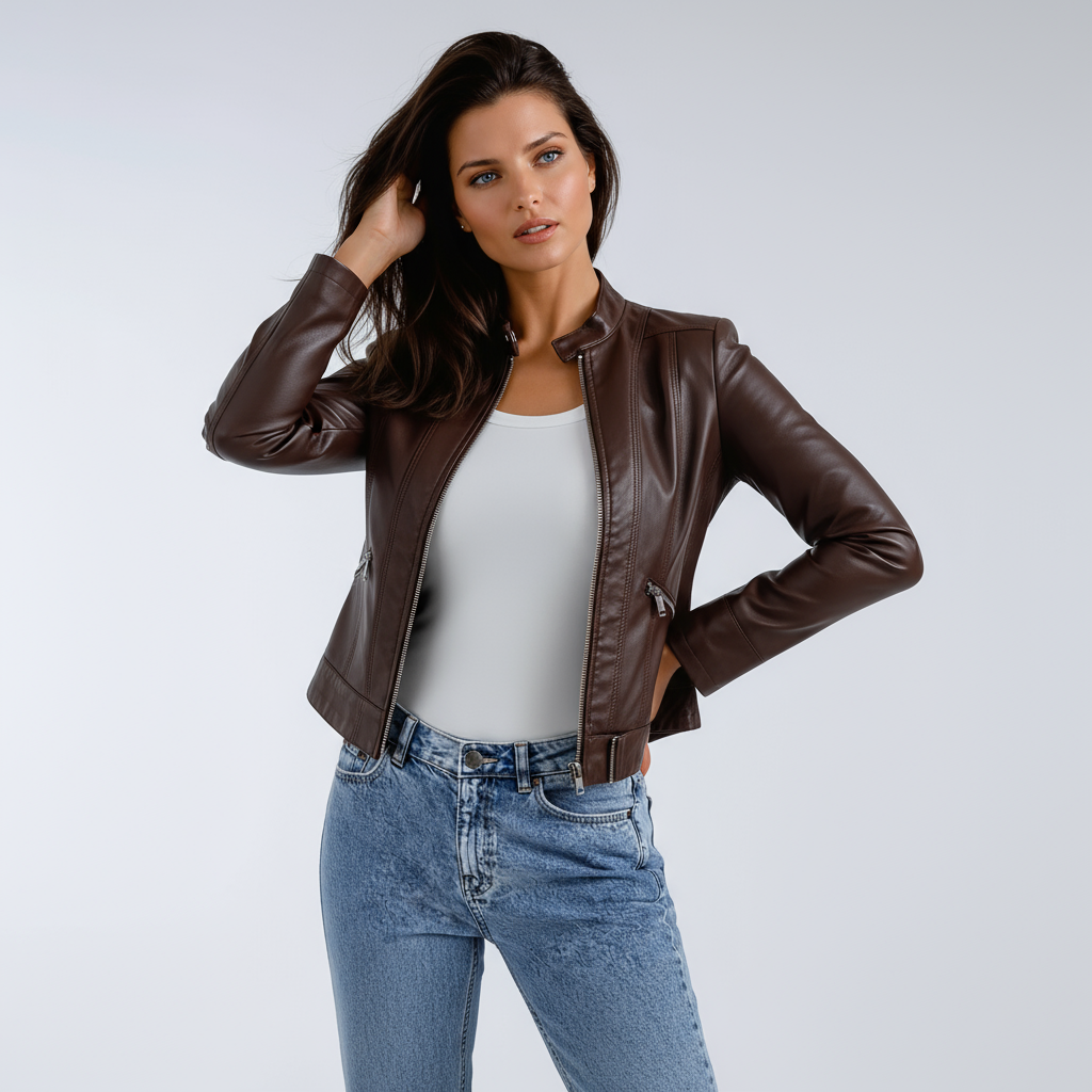 MERAVA – Cazadora biker de imitación piel para mujer con cremallera