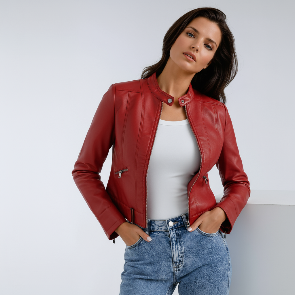 MERAVA – Cazadora biker de imitación piel para mujer con cremallera