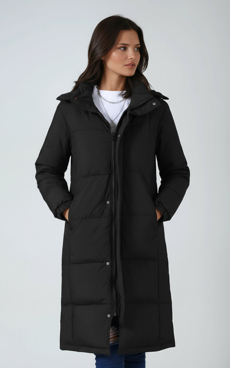 NARELIA – Abrigo largo acolchado de invierno para mujer con capucha