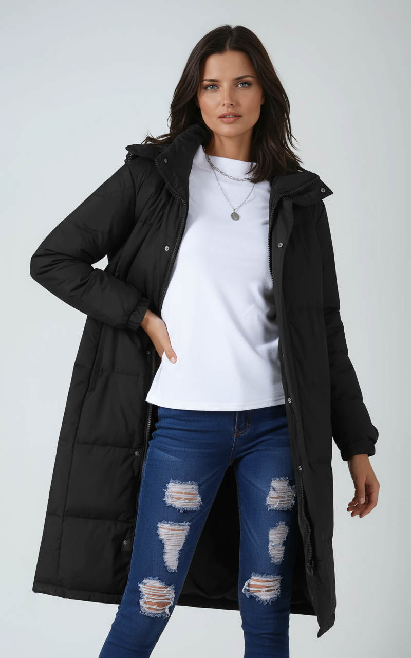 NARELIA – Abrigo largo acolchado de invierno para mujer con capucha