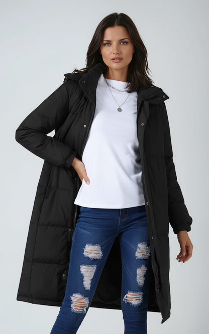 NARELIA – Abrigo largo acolchado de invierno para mujer con capucha