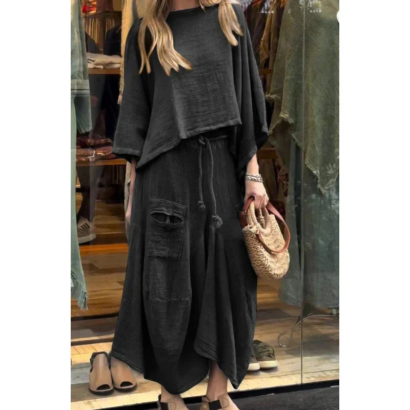 Conjunto femenino de dos piezas cómodo y elegante con top suelto y falda midi – ELIANNE