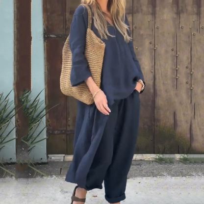 Conjunto de verano de dos piezas con top sin mangas y pantalón fluido – JUNA