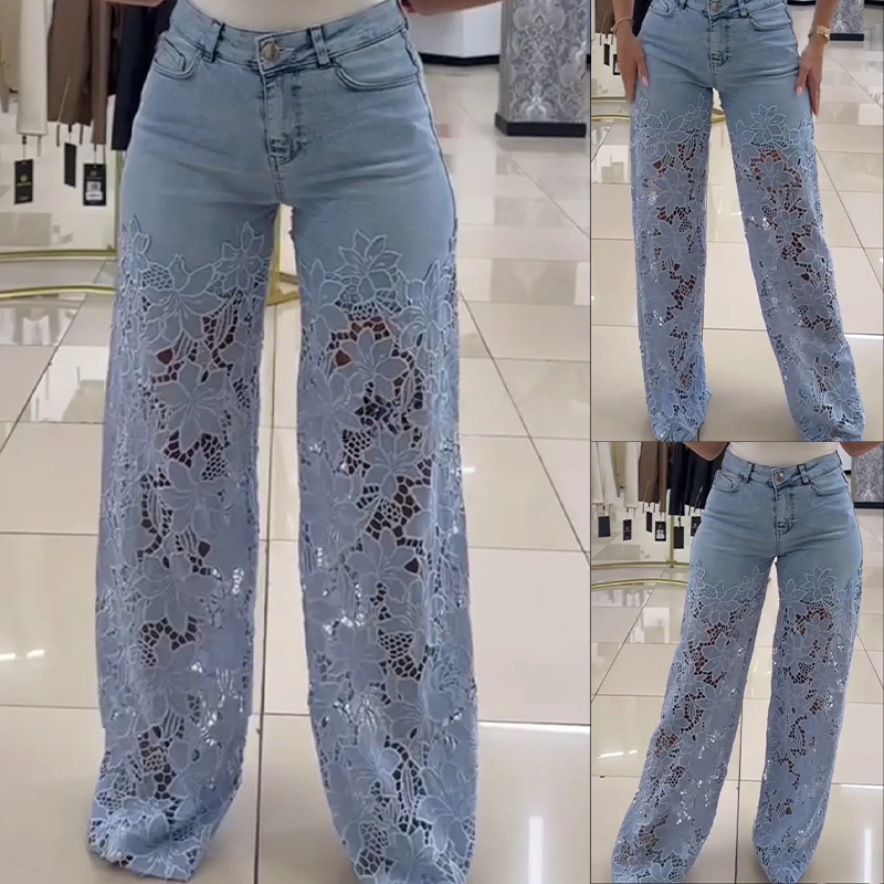 Jeans rectos de mujer con paneles transparentes y motivo floral – IZAREL