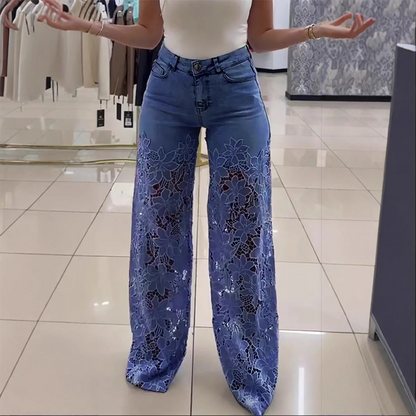 Jeans rectos de mujer con paneles transparentes y motivo floral – IZAREL