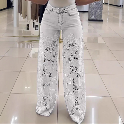 Jeans rectos de mujer con paneles transparentes y motivo floral – IZAREL