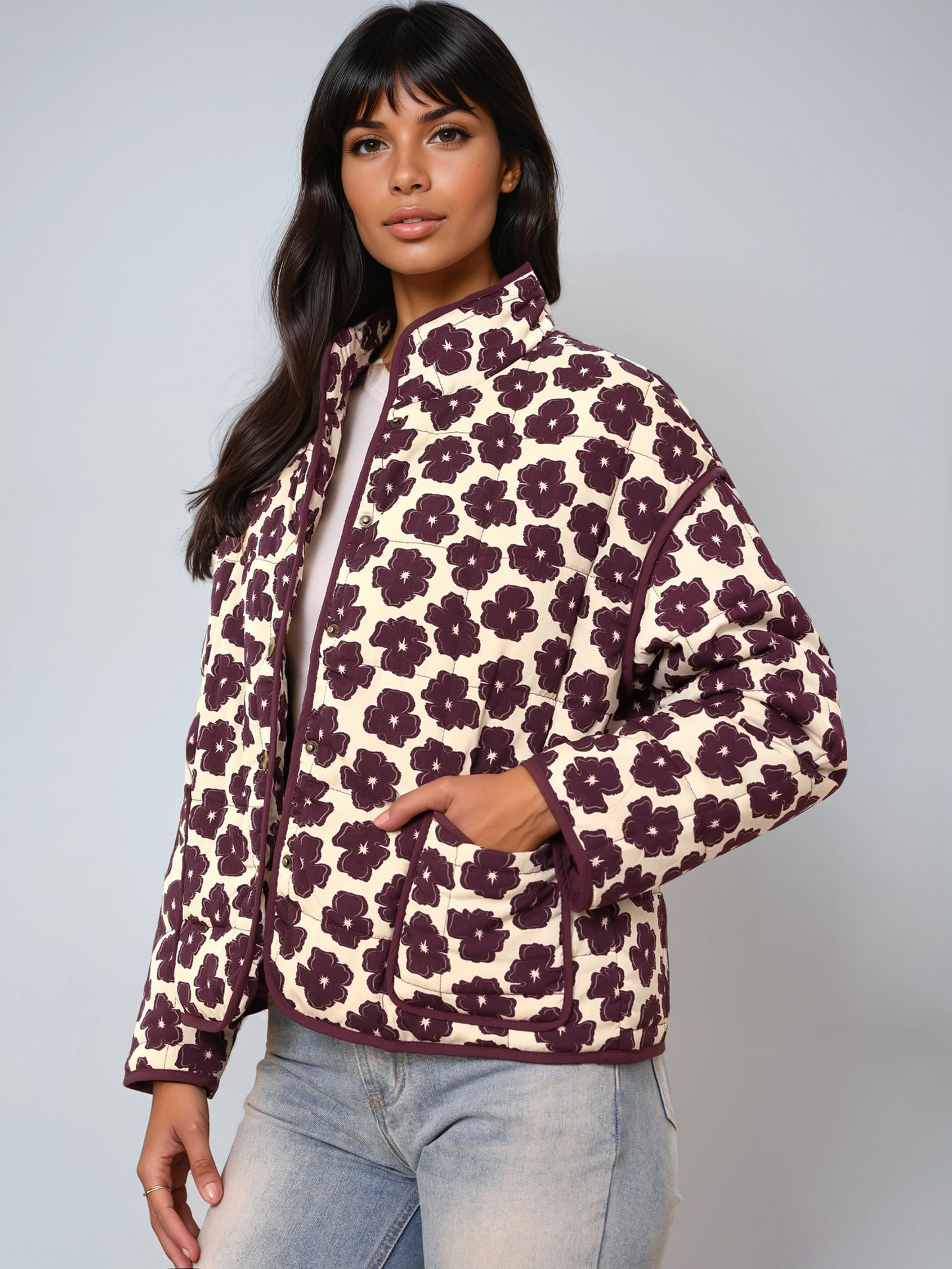 FLORENZA – Chaqueta de entretiempo para mujer con estampado floral y botones