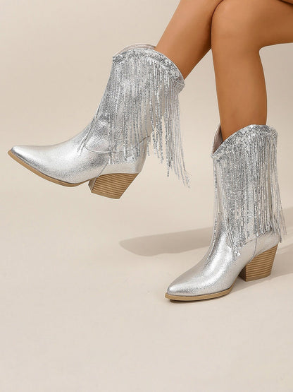SIERAYA – Botas vaqueras metalizadas con flecos para mujer