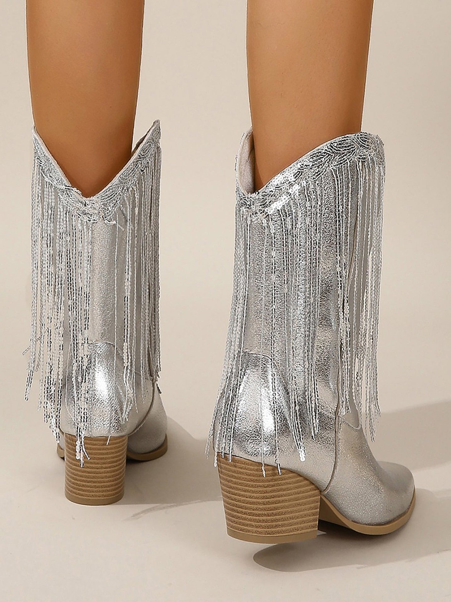 SIERAYA – Botas vaqueras metalizadas con flecos para mujer