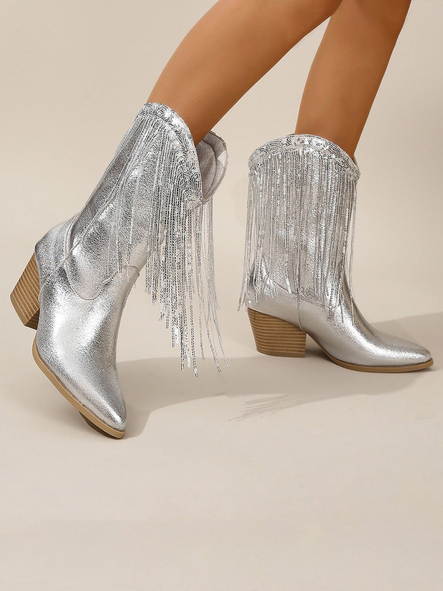 SIERAYA – Botas vaqueras metalizadas con flecos para mujer