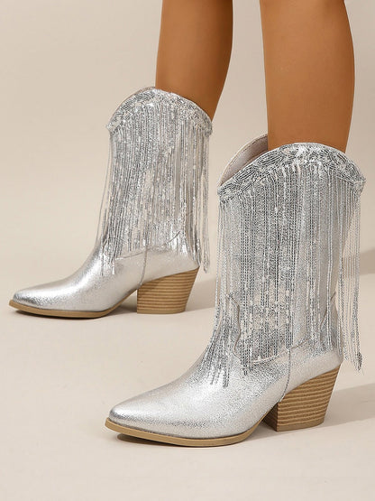 SIERAYA – Botas vaqueras metalizadas con flecos para mujer