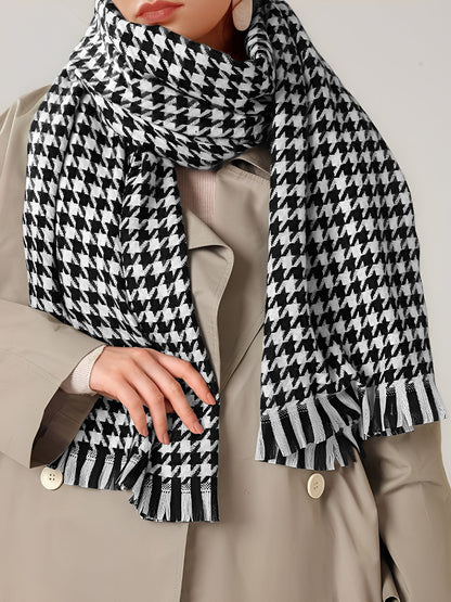 NOELLINE – Bufanda de mujer con estampado pata de gallo y flecos decorativos