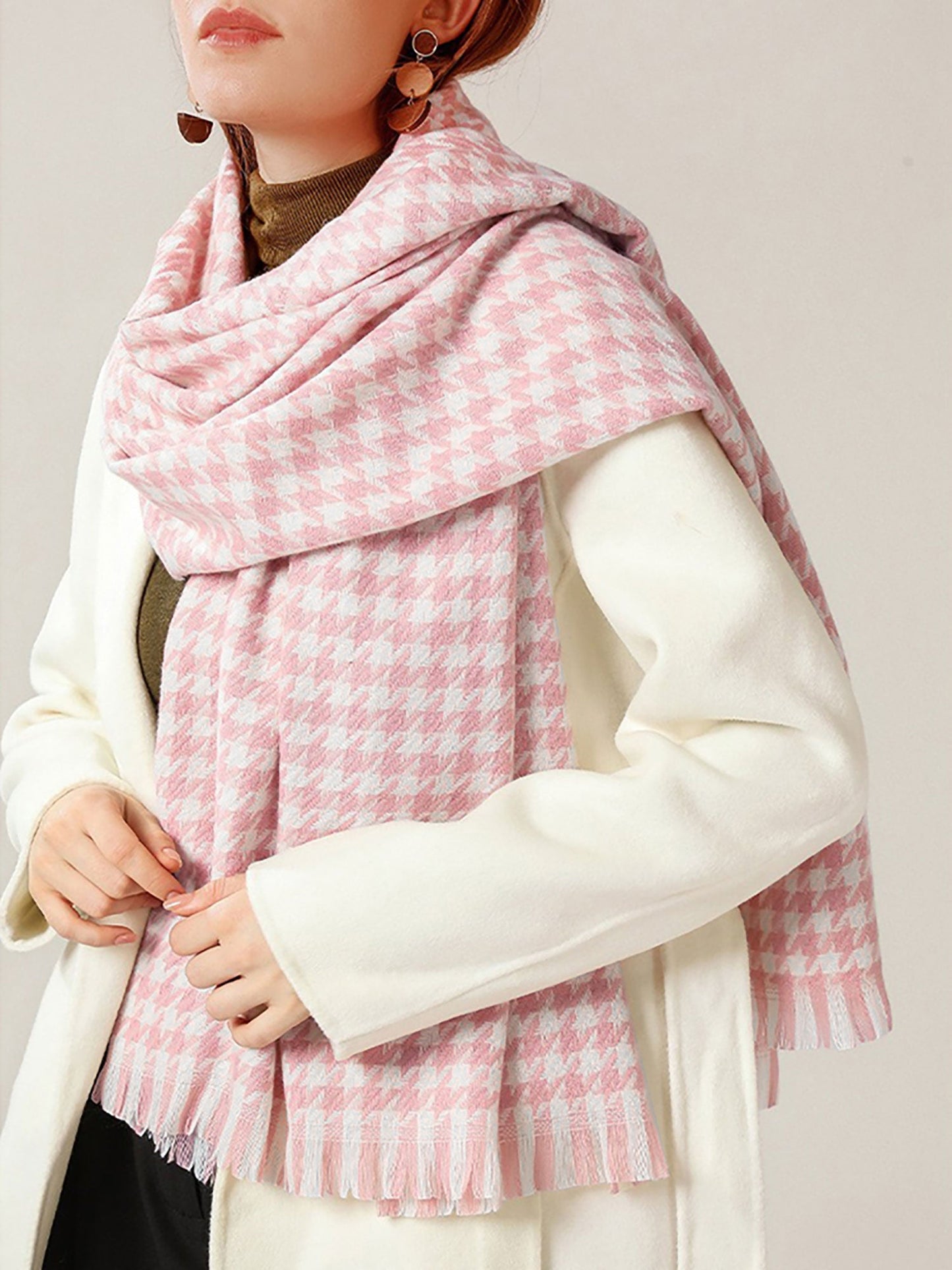 NOELLINE – Bufanda de mujer con estampado pata de gallo y flecos decorativos