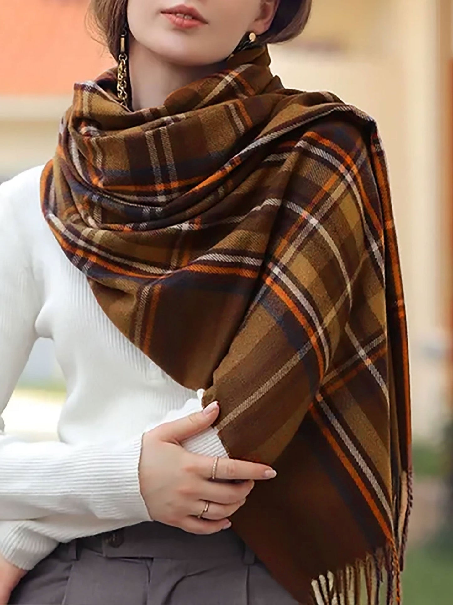 ELORÉA – Bufanda de cuadros para mujer con flecos decorativos