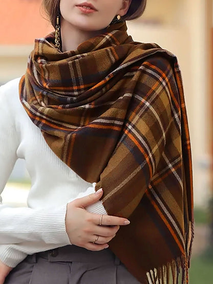 ELORÉA – Bufanda de cuadros para mujer con flecos decorativos