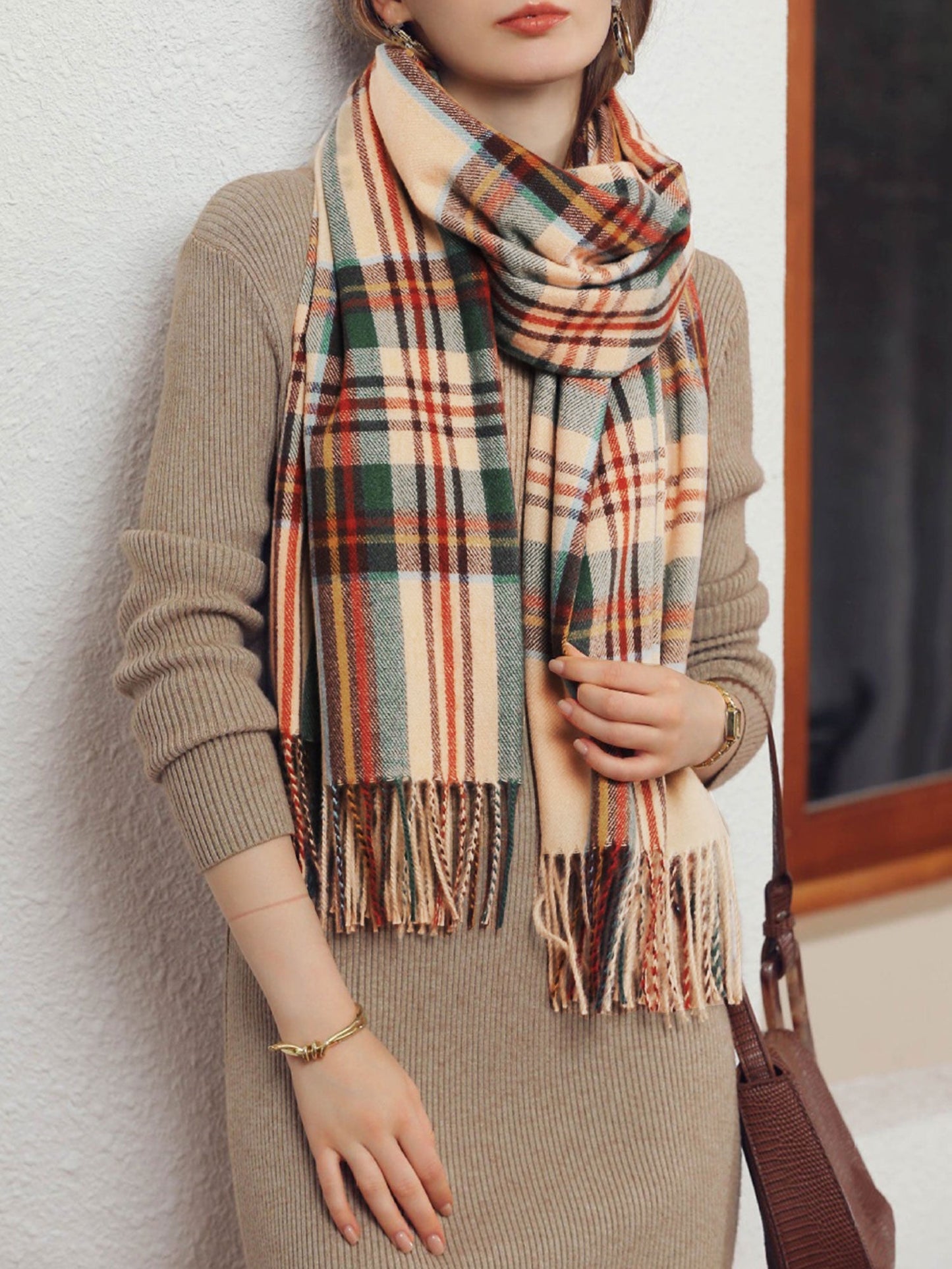 ELORÉA – Bufanda de cuadros para mujer con flecos decorativos