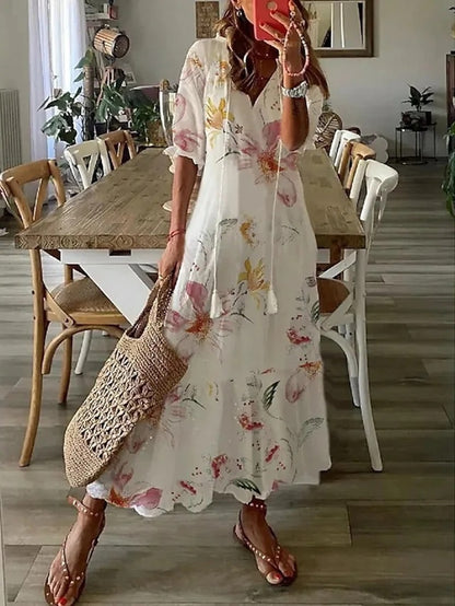 Vestido largo bohemio con escote en V y caída fluida – ELIORA