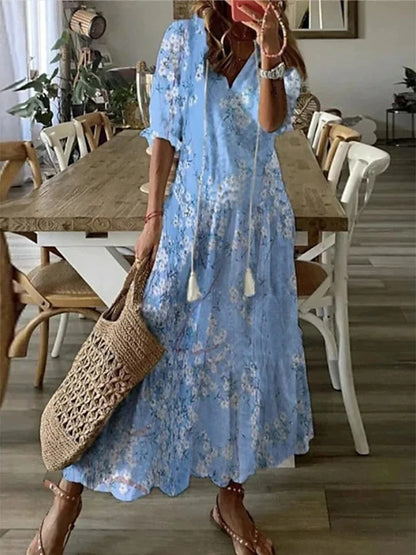 Vestido largo bohemio con escote en V y caída fluida – ELIORA