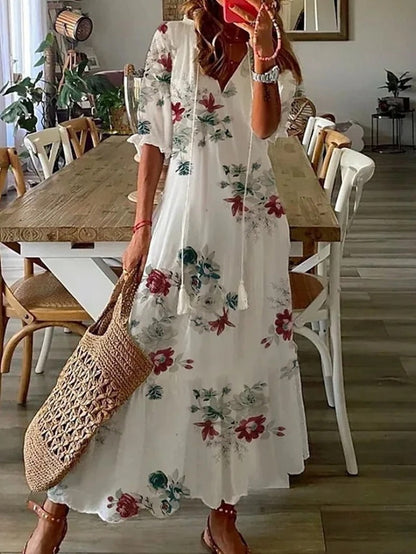 Vestido largo floral con cuello camisero y lazo en la cintura – FLORA LÉNA